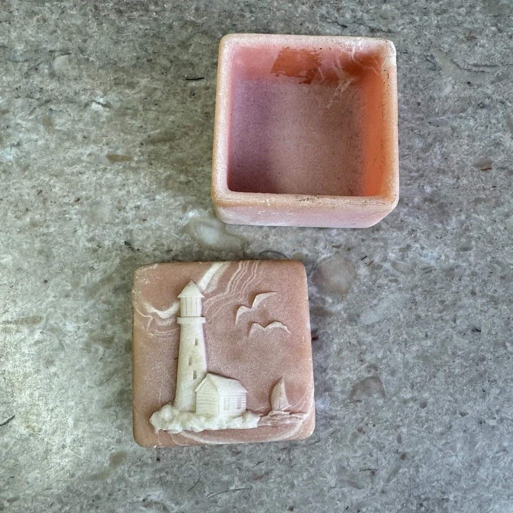 VTG Incolay Stone Jewelry Trinket Box W/ Lighthouse And Sailboat Pink Soapstone